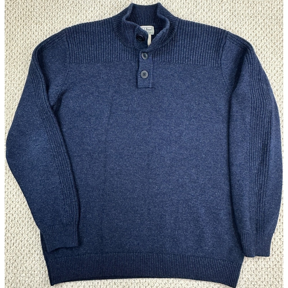LL Bean Sweater Mens XL Tall Navy Ragg Lambswool Button Henley Knit Pullover